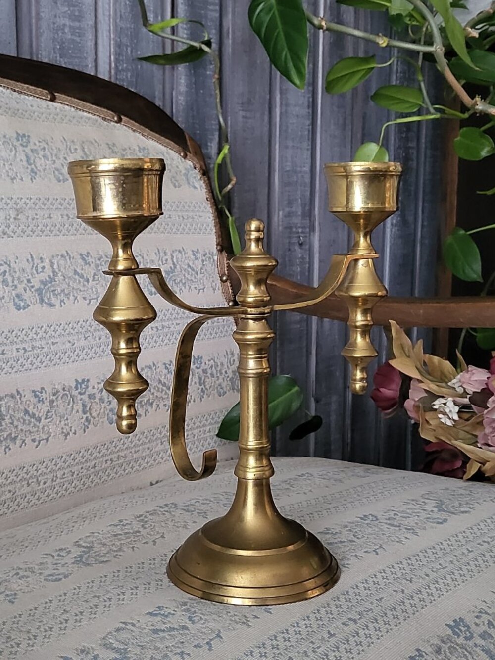 Vintage 80s Solid Brass 2 Branch Candelabra Candle Holder Made in India 11"x9.5"
